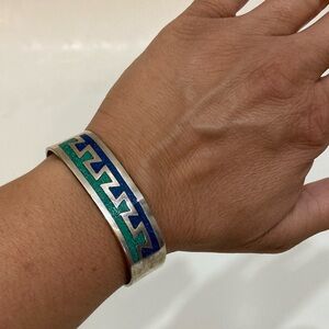 Vintage Alpaca Mexico Blue Green Turquoise Silver Inlay Cuff Bracelet